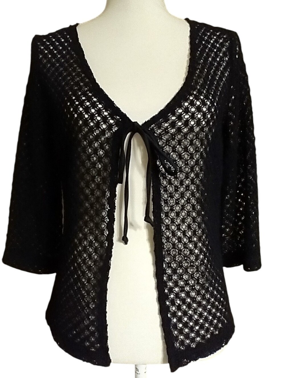 Black Open-Knit Tie-Front Cardigan